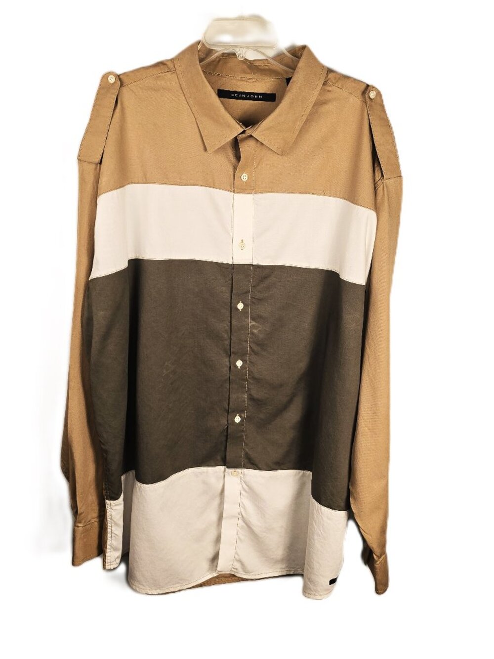 Vintage Sean John Men's Button Up Shirt 4XB Colorblock Long Sleeve Tan Green BIG